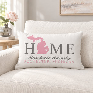 Michigan Home Pink State Grey Family Monogram Lumbar Pillow