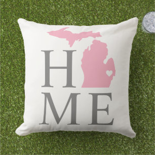 Michigan Home Pink State Grey Text Outdoor Pillow