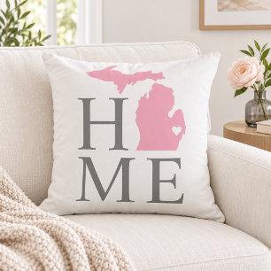 Michigan Home Pink State Grey Text Outdoor Pillow