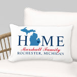 Michigan Home Red and Blue Custom Family Monogram Lumbar Pillow<br><div class="desc">Stylish welcome pillow features "Home" text with Michigan state map and custom text that can be personalized with your family name and the city, state where you live. The navy blue heart city marker can be moved to the appropriate location via Customized. Horizontal stripes dress up the reverse side. Red,...</div>