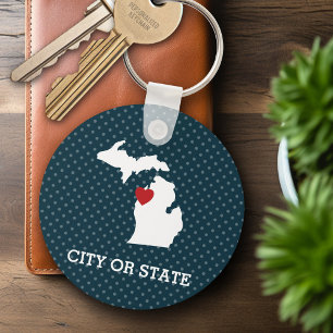 Michigan Home State City Map - Custom Heart Keychain