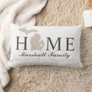 Michigan Home White Beige Family City Monogram Lumbar Pillow