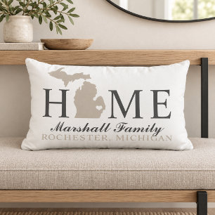 Michigan Home White Beige Family City Monogram Lumbar Pillow