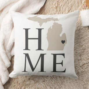 Michigan Home White Beige State Heart Throw Pillow
