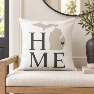 Michigan Home White Beige State Heart Throw Pillow