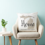 Michigan Home White Script Family Monogram Throw Pillow<br><div class="desc">A personalized Michigan Home throw pillow on a white background featuring the beige state silhouette with a script Home overlay. Customizable family name and city create a meaningful monogram in a light, airy palette, with coordinating stripes on the reverse. A fresh, clean gift for Michigan families who love bright, neutral...</div>