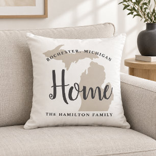 Michigan Home White Script Family Monogram Throw Pillow