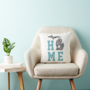 Michigan Home With Grey And Blue Poppies Throw Pillow