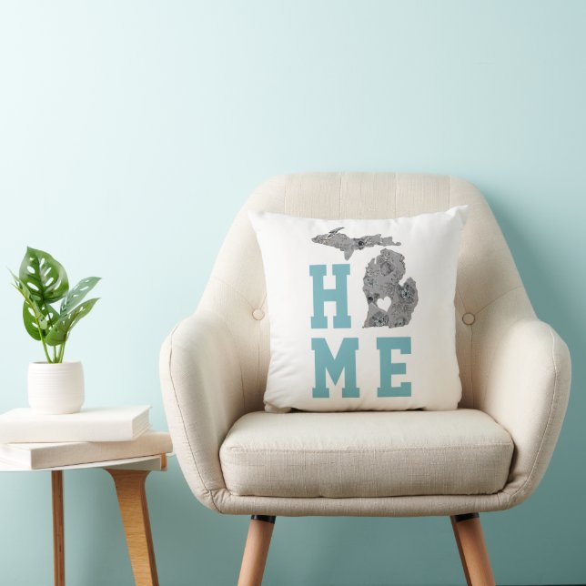 Michigan Home With Grey And Blue Poppies Throw Pillow (Chair)