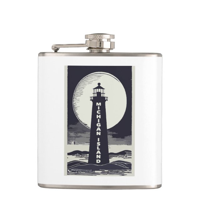 Michigan Island Lighthouse Moon Hip Flask (Front)