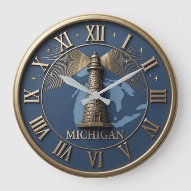 Michigan Lighthouse and State Map  Large Clock (Front)