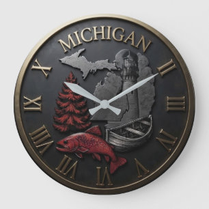Michigan Lighthouse Pine and Fish Dark Bronze Large Clock