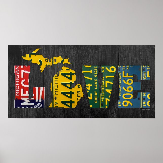 Michigan Love Recycled License Plate Art Map Poster (Front)