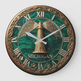Michigan Luxury Malachite Gold Lighthouse Diamond Large Clock