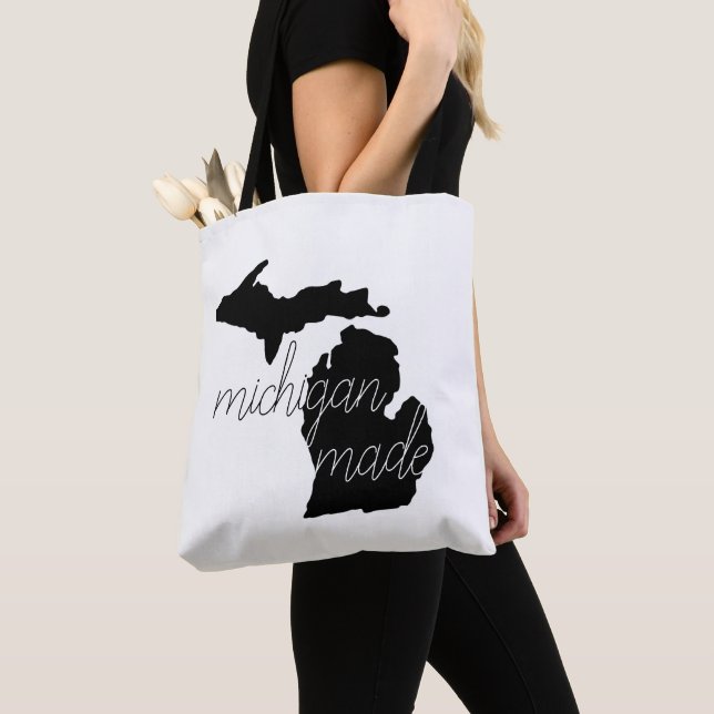 Michigan Made Typography With Black Silhouette Tote Bag (Close Up)