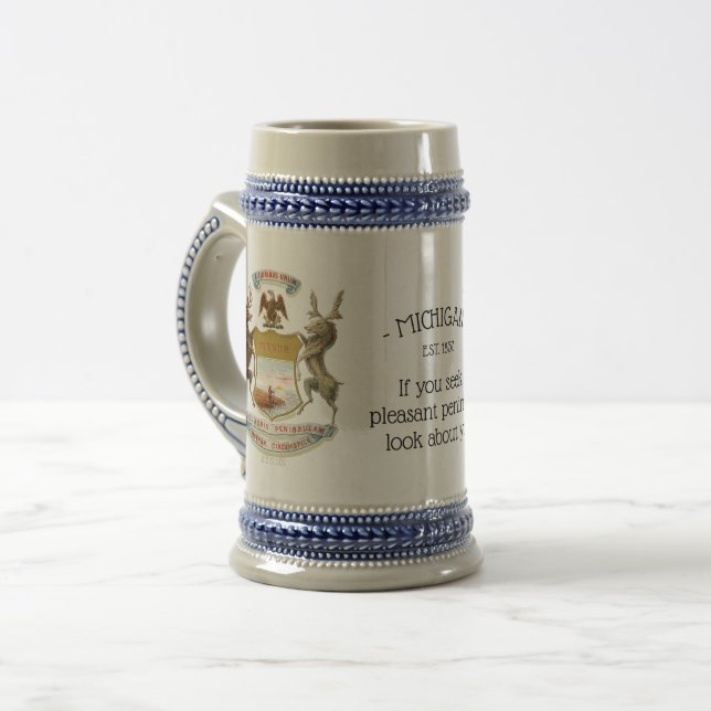 Michigan map and coat of arms beer stein (Front Left)