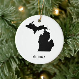 Michigan Map - Black and White Modern Michigan Map Ceramic Ornament
