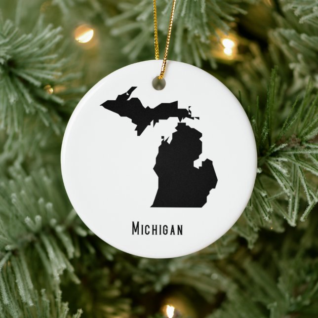 Michigan Map - Black and White Modern Michigan Map Ceramic Ornament (Tree)