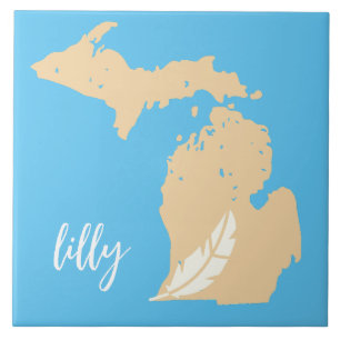 Michigan Map Feather Custom Name Blue Tan Tile