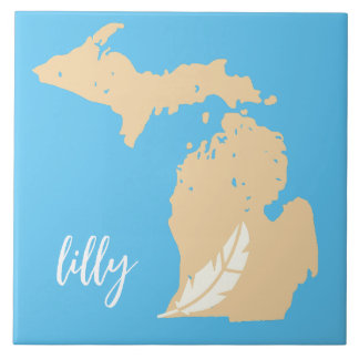 Michigan Map Feather Custom Name Blue Tan Tile