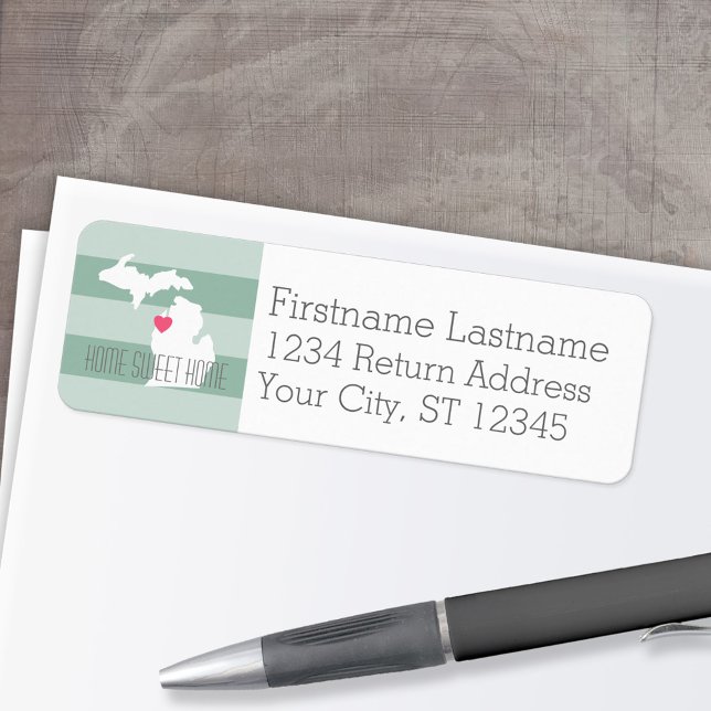 Michigan Map Home State Love with Custom Heart (Personalized Mailing Label with Return Address and State Map - Low Minimum)
