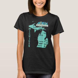 Michigan Map Major Cities With City Skyline Of Det T-Shirt