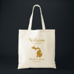 Michigan Map Wedding Welcome Bag, Gold Tote Bag<br><div class="desc">Wedding weekend welcome gift bag for out of town guests to your wedding,  featuring image of Michigan,  with heart you may place at the precise location. Fill tote with your favourite goodies.</div>