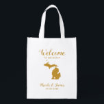 Michigan Map Wedding Welcome Bag, Gold Tote Bag<br><div class="desc">Wedding weekend welcome gift bag for out of town guests to your wedding,  featuring image of Michigan,  with heart you may place at the precise location. Fill tote with your favourite goodies.</div>