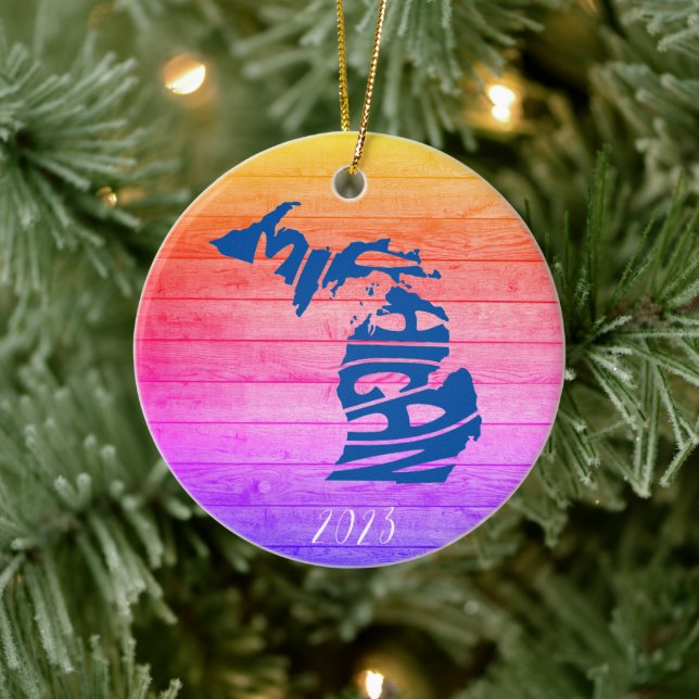 Michigan Merry Christmas - Year  - Personalize Ceramic Ornament (Tree)