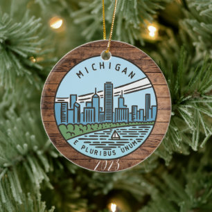 Michigan Merry Christmas - Year  - Personalize Ceramic Ornament