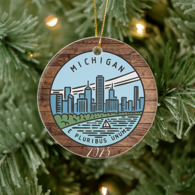 Michigan Merry Christmas - Year  - Personalize Ceramic Ornament (Tree)