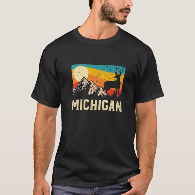 Michigan Nature Wild Deer Retro Sunset Hiking T-Shirt (Front)