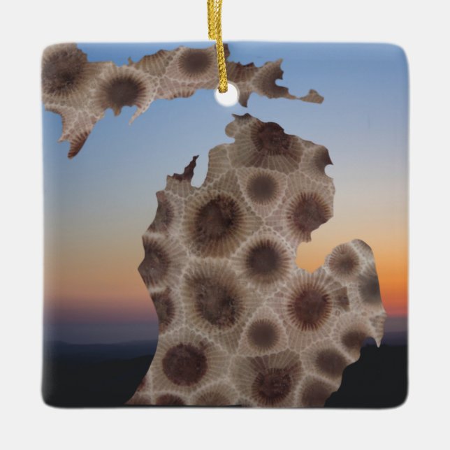 Michigan Petoskey Stone, Great Lakes mitten  Ceramic Ornament (Front)
