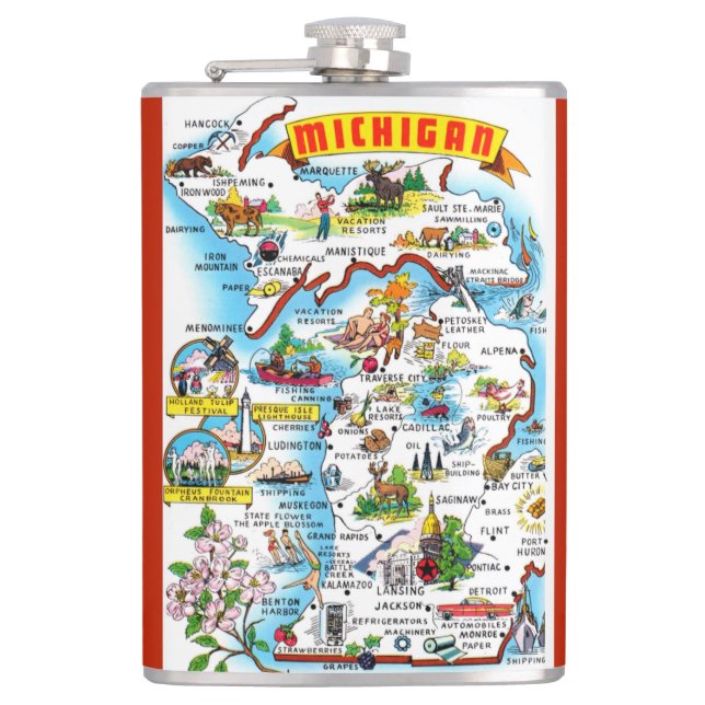 Michigan Postcard Map Hip Flask (Front)