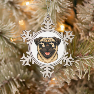 Michigan Pug Wearing Sunglasses Snowflake Pewter Christmas Ornament