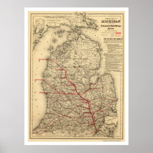 Michigan Railroad Train Map 1886 Poster