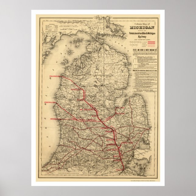 Michigan Railroad Train Map 1886 Poster (Front)