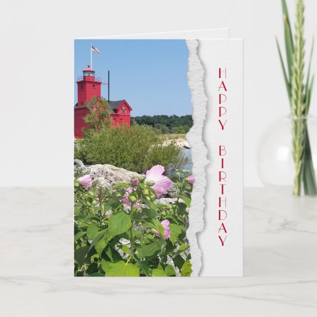 Michigan Red Lighthouse and Hibiscus Card (Front)