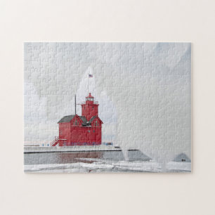 Michigan Red Lighthouse in Winter Jigsaw Puzzle