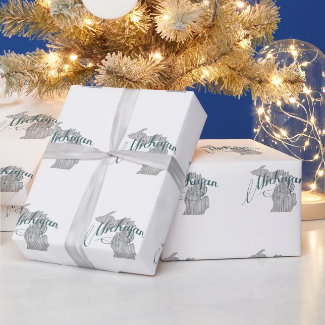 Michigan Shaped Vintage Grey Typography Text Wrapping Paper (Holidays)