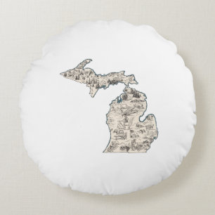 Michigan Shaped Vintage Picture Map Antique Chart Round Pillow