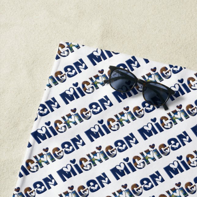 Michigan State Flag Colours Typography Pattern USA Beach Towel (In Situ)