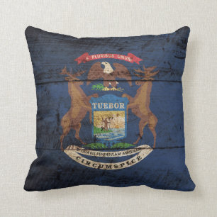 Michigan State Flag on Old Wood Grain Throw Pillow