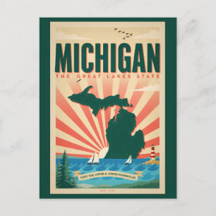 Michigan State Illustration Travel Art Vintage Postcard