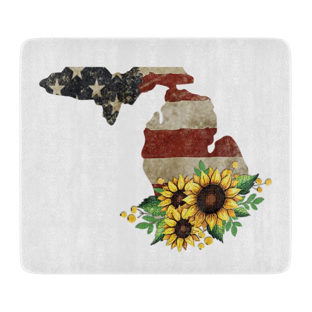 Michigan State Map US Flag Sunflower Glass Cutting Board (Front)