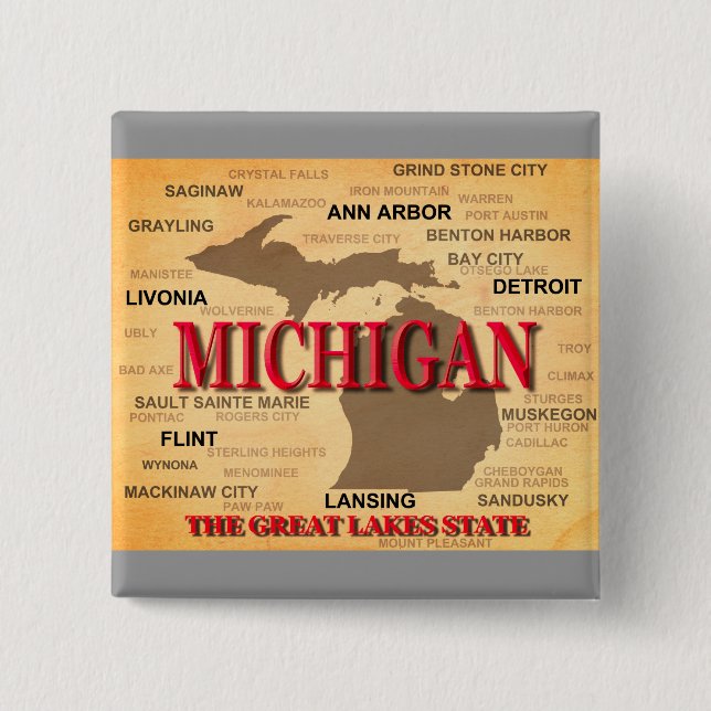 Michigan State Pride Map Silhouette 2 Inch Square Button (Front)