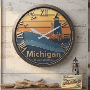 Michigan Sunset and Lighthouse Retro Waves Large Clock