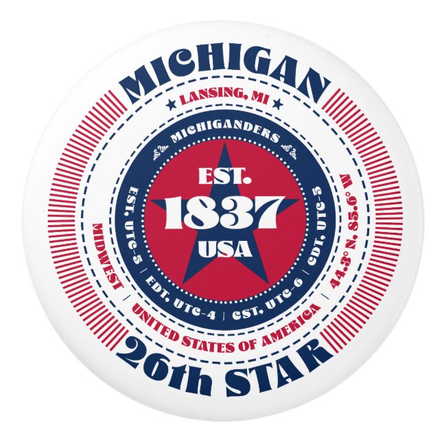 Michigan US State Red White Blue Typography Ceramic Knob (Front)