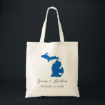 Michigan Wedding Welcome Tote Bag<br><div class="desc">Welcome out of town wedding guests with a bag full of snacks and treats personalized with the state where you're getting married and the bride and groom's names and wedding date. Click Customize It to move the heart to show any city or location on the state map. Use the design...</div>