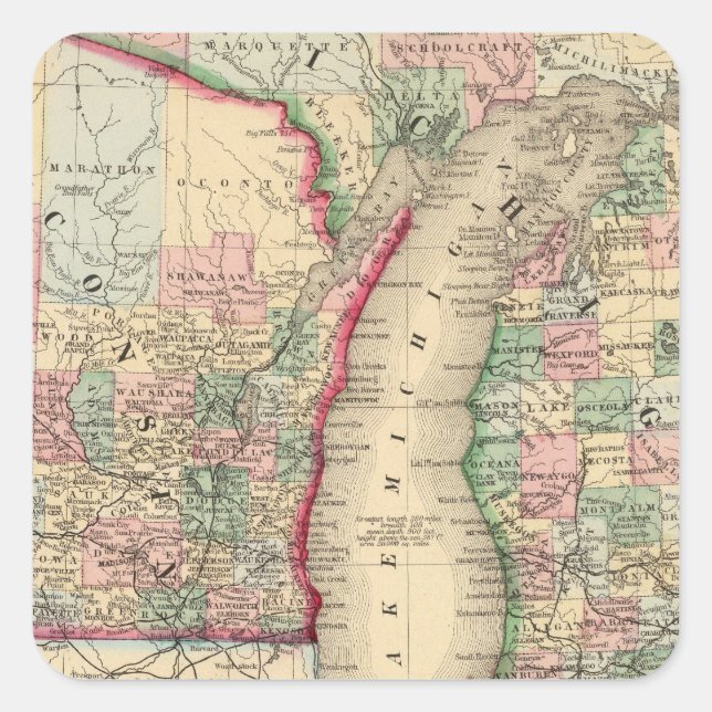 Michigan, Wisconsin Map by Mitchell Square Sticker (Front)
